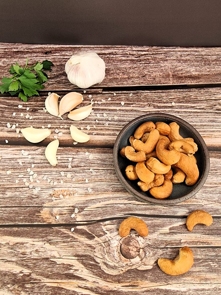 A top-down photo of Sussex Smokehouse Tom's Meaty Nuts: Cashews with garlic, parsley and salt